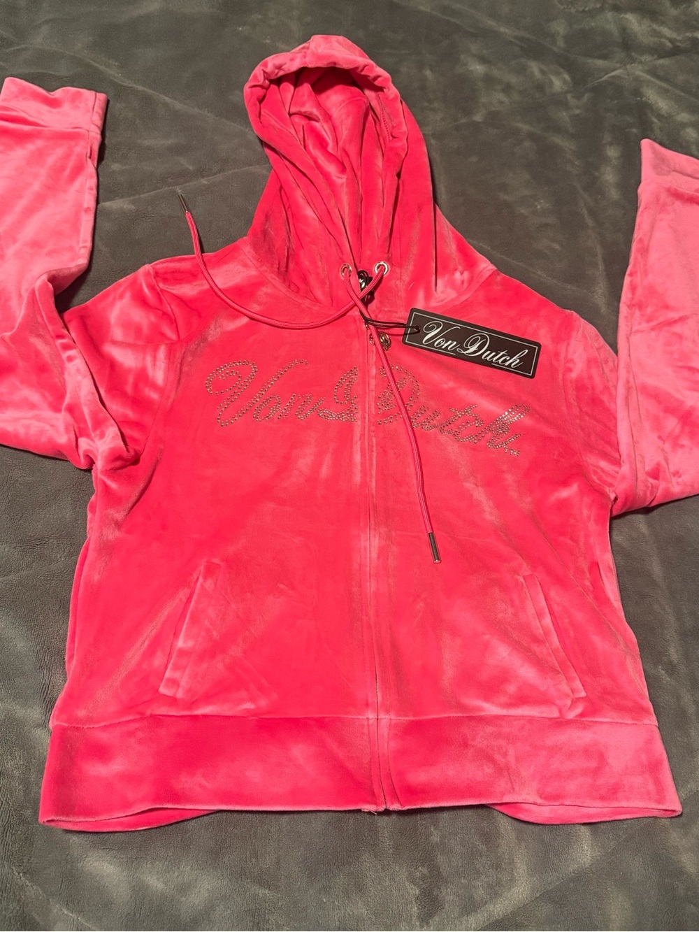 VON DUTCH HOT PINK VELOUR ZIP UP HOODIE SIZE XL